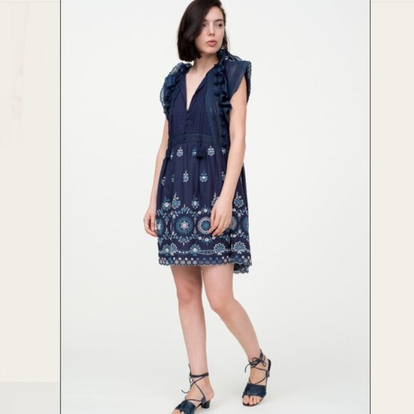 Sea New York Dress Womens 6 Blue Sofie Tunic Ruffle Pleated Embroidered Floral - Picture 2 of 9